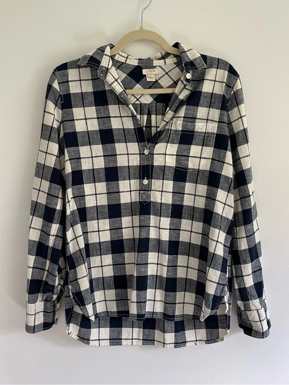 J. Crew Navy White Plaid Cotton Half Button Popover Long Sleeve Top Coastal XS